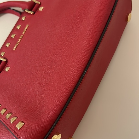 Michael Kors Red Studded Leather Selma Crossbody Satchel Purse - Picture 8 of 16